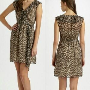 Milly silk zebra dress womens 8 faux wrap ruffle front mini sleeveless brown tan